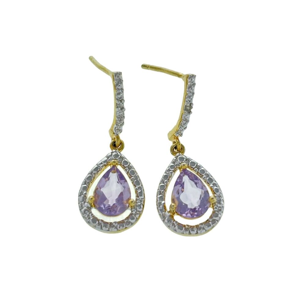 Vintage Gold-Plate Sterling Silver Amethyst Diamond Dangle Earrings